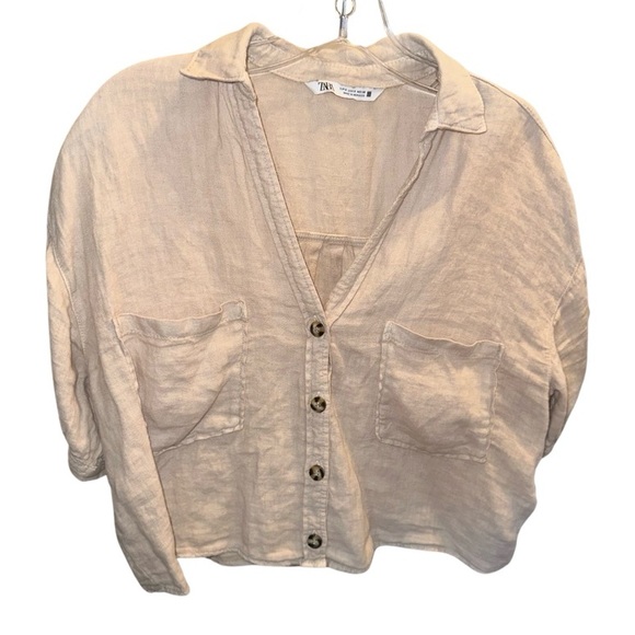 Zara 100% Linen Cropped Shirt Womens M Tan Button Up Short Sleeve Boxy Collared - Picture 6 of 8